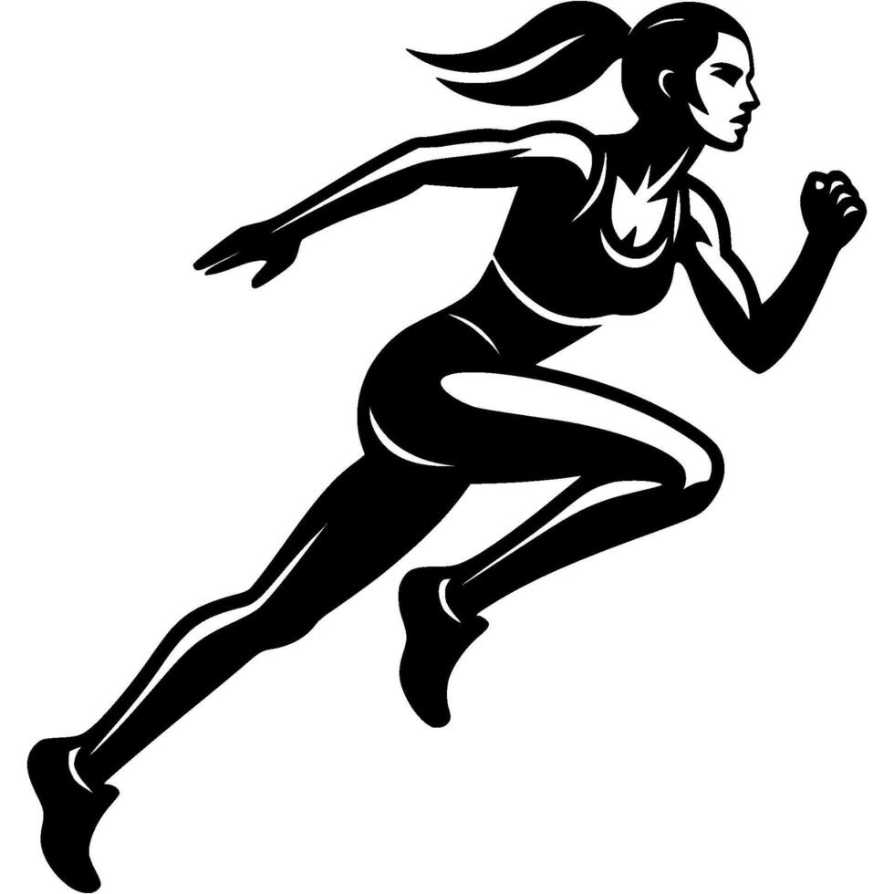 Sport emblem of girl runner starts running from starting line in monochrome. Engraving minimalistic image in black ink drawing on white background vector