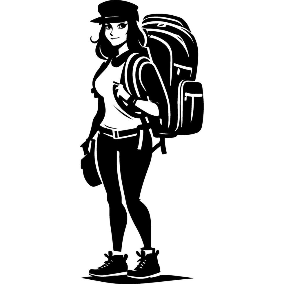 Sketchy sport emblem of attractive tourist waiting for the expedition to start in monochrome. Engraving minimalistic image in black ink drawing on white background vector
