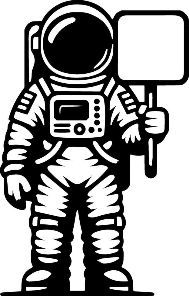 Sketchy cosmic emblem of astronaut holding a warning sign in his hand in monochrome. Engraving minimalistic image in black ink drawing on white background vector