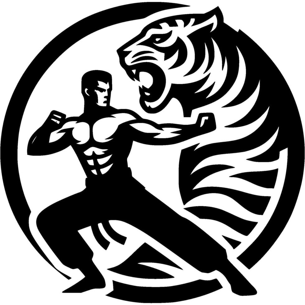 Sport emblem of Kung Fu Master Tiger Style in monochrome. Engraving minimalistic image in black ink drawing on white background vector