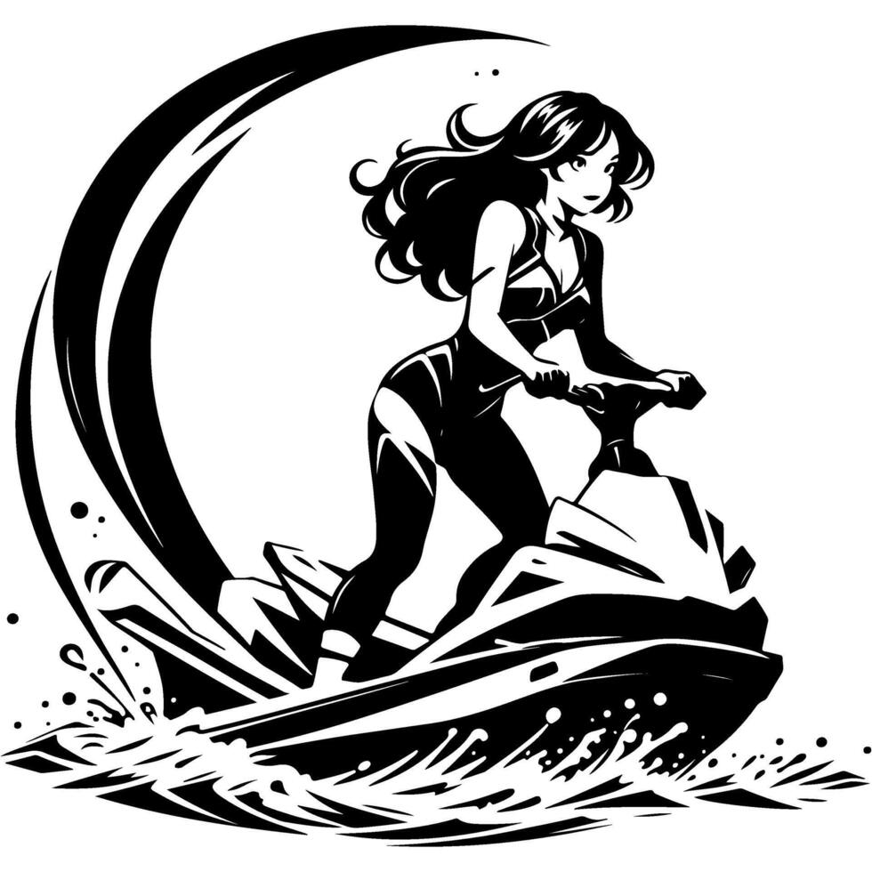 Sketchy sport emblem of experienced sportswoman relaxes while riding a jet ski among waves and spray in monochrome. Engraving minimalistic image in black ink drawing on white background vector