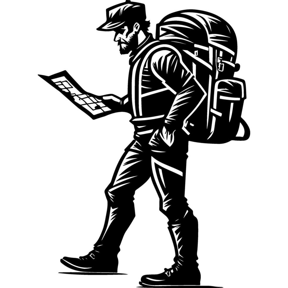 Sketchy sport emblem of traveler with a map in his hands in a difficult situation on the route in monochrome. Engraving minimalistic image in black ink drawing on white background vector
