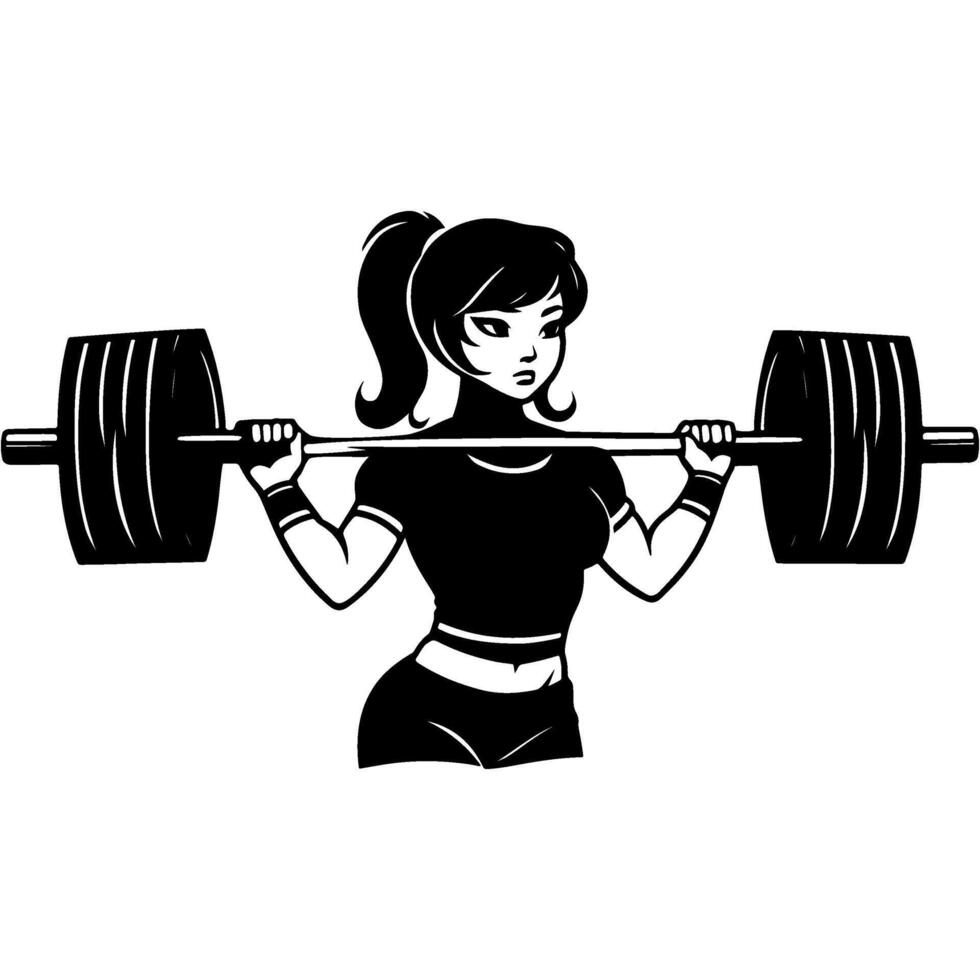 Sketchy engraving emblem of sportswoman girl pushing heavy barbell from chest in monochrome. Engraving minimalistic image in black ink drawing on white background vector