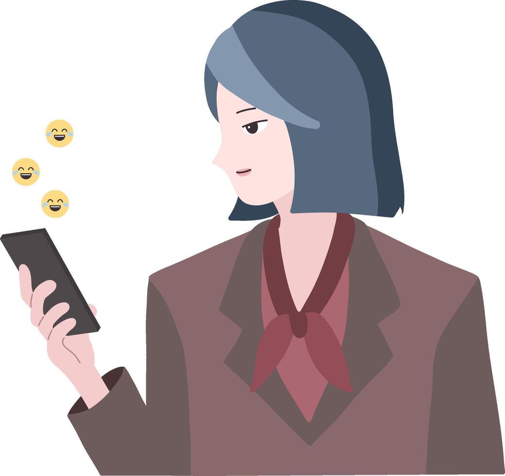 Executive Woman using Cellphone Mobile phone typing laugh emoticon design illustration vector