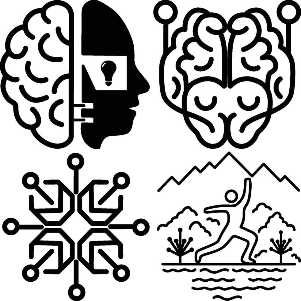 Minimalist Black and White Line Art of a Human Brain Circuit Lines Technology, Artificial Intelligence, Innovation Symbol, Geometric, and Human Figure in Nature Design Illustration vector