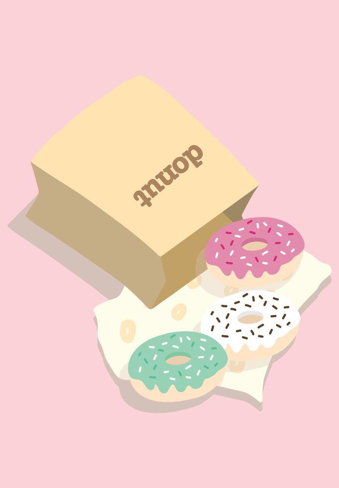 Three doughnut in paper bag design mint, tiramisu, and strawberry donut illustration editable for use vector