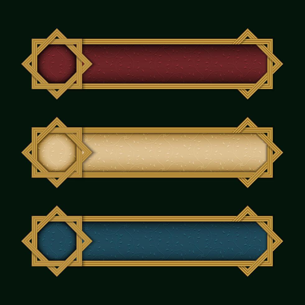 Three color options for Islamic text boxes with woven art vector