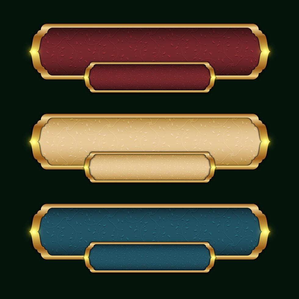Three color options for shiny Islamic text boxes vector