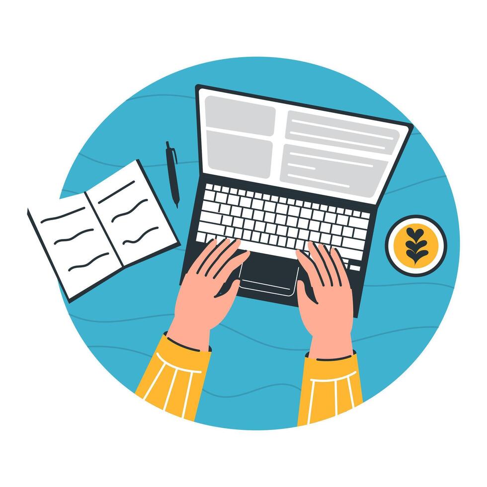 Person Working On Laptop With Coffee And Notebook vector