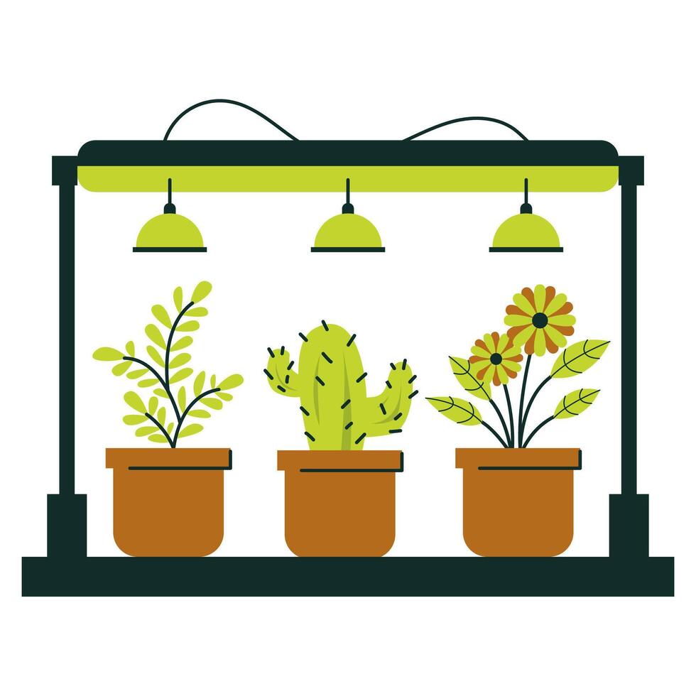 Indoor Greenhouse With Potted Plants And Lighting System vector