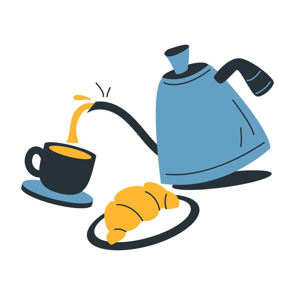 Illustration Of Breakfast Tea Pouring And Croissant On Plate vector