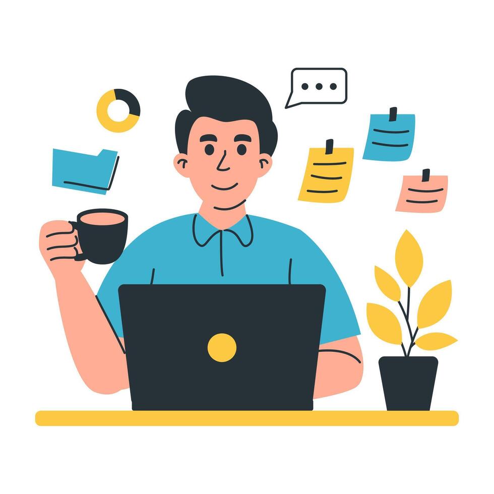Focused Young Man Working On Laptop With Coffee Cup vector