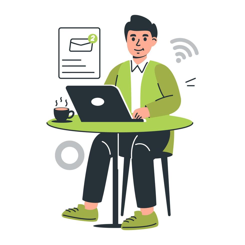 Man Working On Laptop With Coffee And Notifications vector