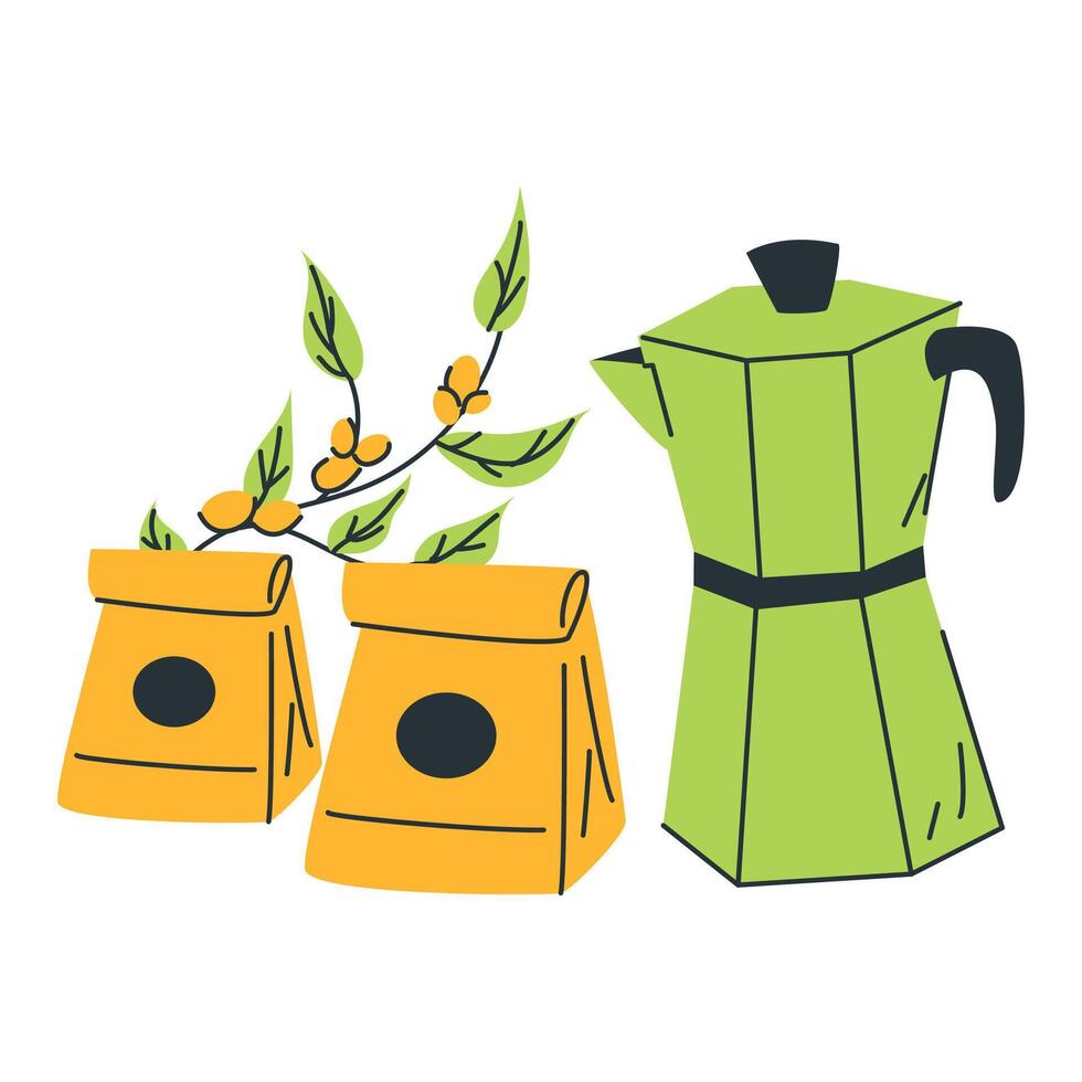 Illustration Of Coffee Grinder With Coffee Bags And Branch vector