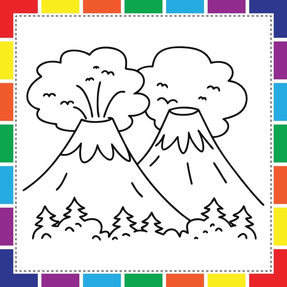 A coloring page with a mountain and trees vector