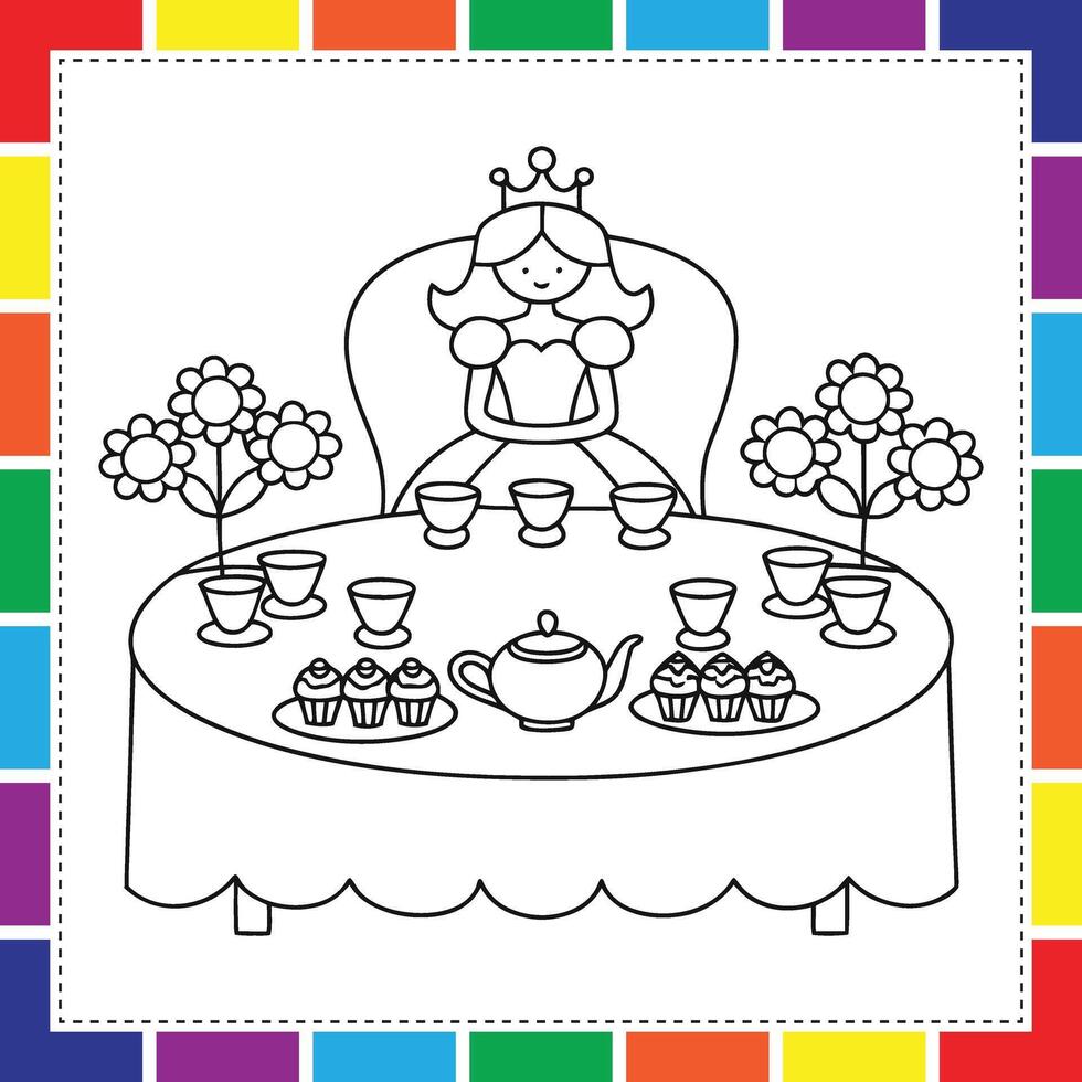 A coloring page with a princess sitting at the table vector