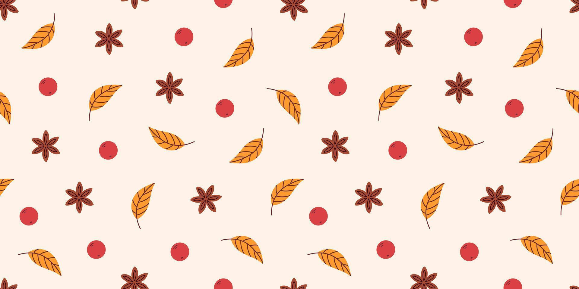 A cozy autumn pattern design featuring orange leaves, star anise, and red berries on a beige background. Thanksgiving Day. Autumn design for seasonal decor, wrapping paper, and textile projects. vector