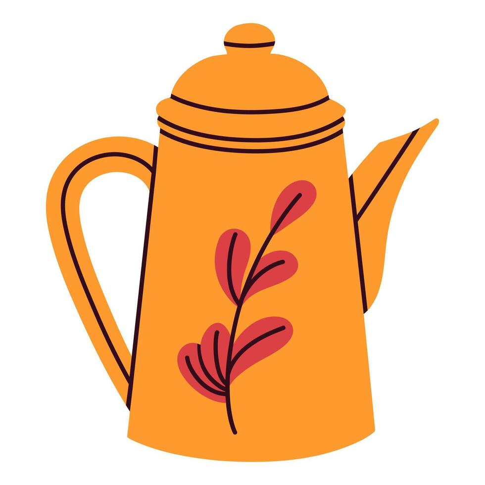 Autumn vintage yellow teapot with a red branch. Isolated on white background. The teapot features a dark handle and spout. Retro style. Perfect for cozy kitchen-themed designs. vector