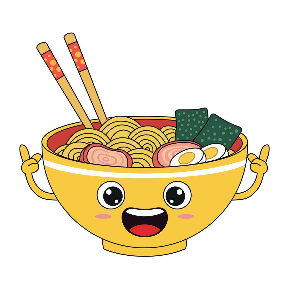 Cute Ramen Bowl Mascot with Smiling Face and Chopsticks vector