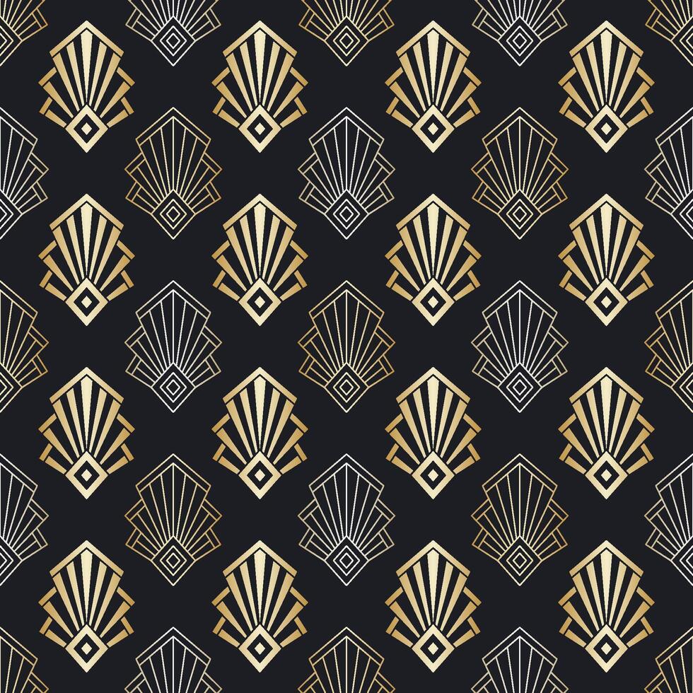 Elegant Art deco metallic Symbols on the Dark Background. Glamorous Seamless Pattern. Gold coloured decoration. Golden design backdrop. vector