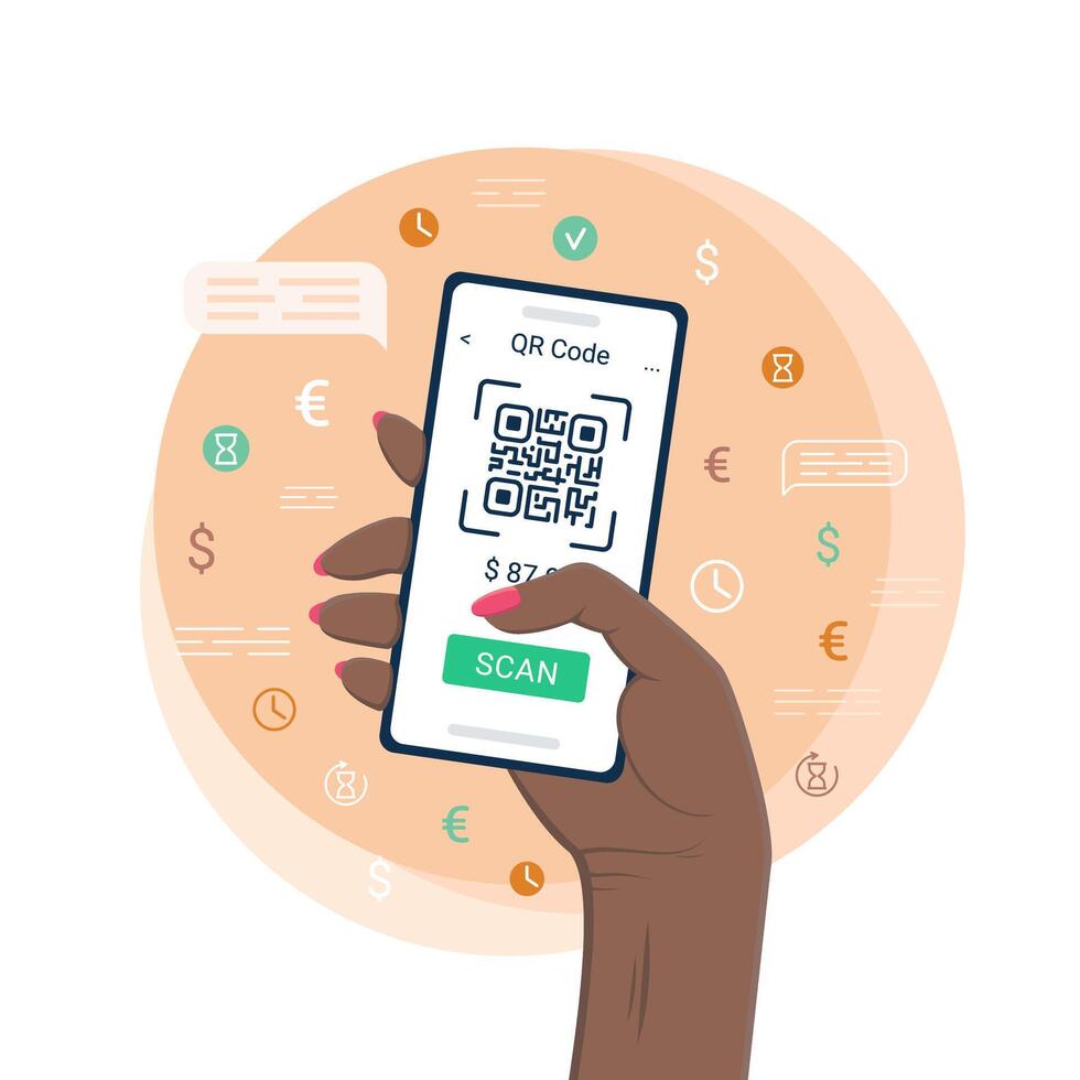 An African-American Woman's Hand holding a Smartphone, Scanning and Paying with a QR Code Technology. Contactless Mobile Payment. illustration in Flat style vector