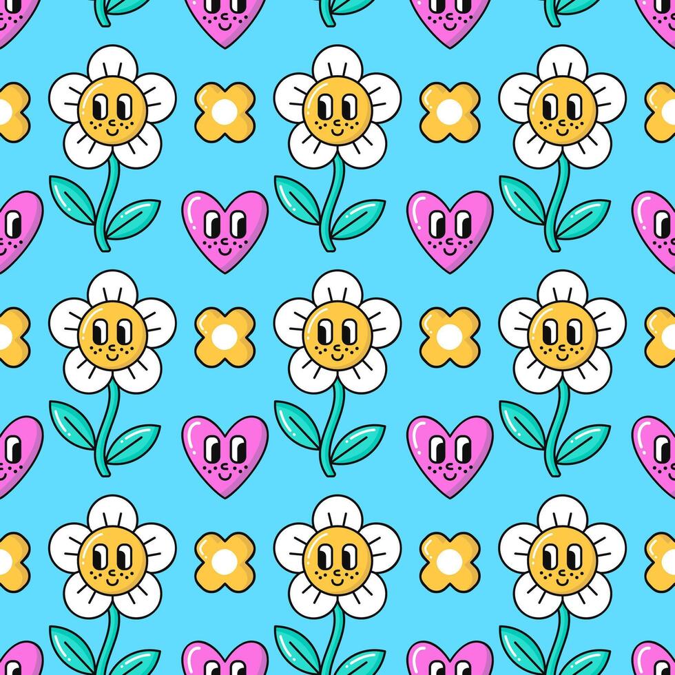 Seamless Pattern of Retro 90s style elements. Daisy Flowers, Hearts with Eyes and Smiles Background. vector