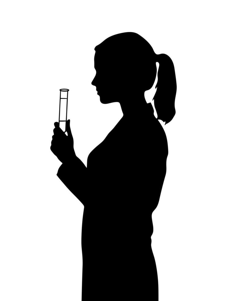 Black silhouette woman scientist in lab coat with test tube in hand. design vector
