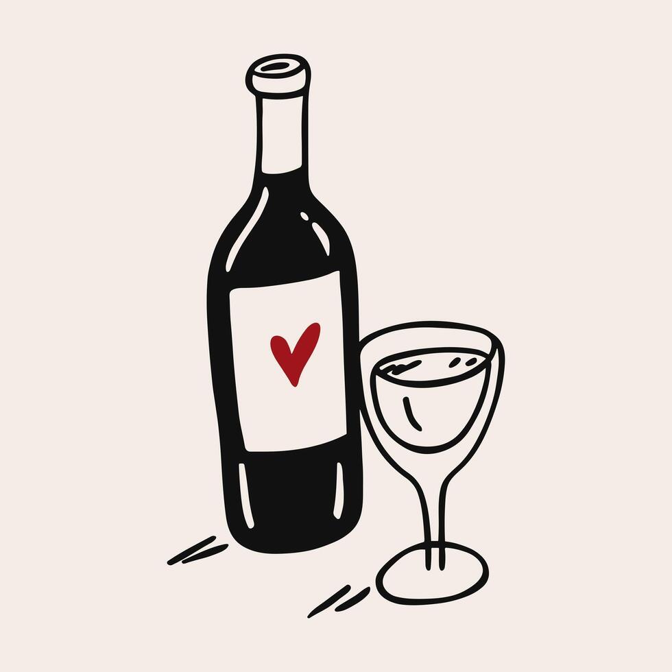 Wine bottle and glass icon, naive line art. Trendy minimal hand drawn illustration vector