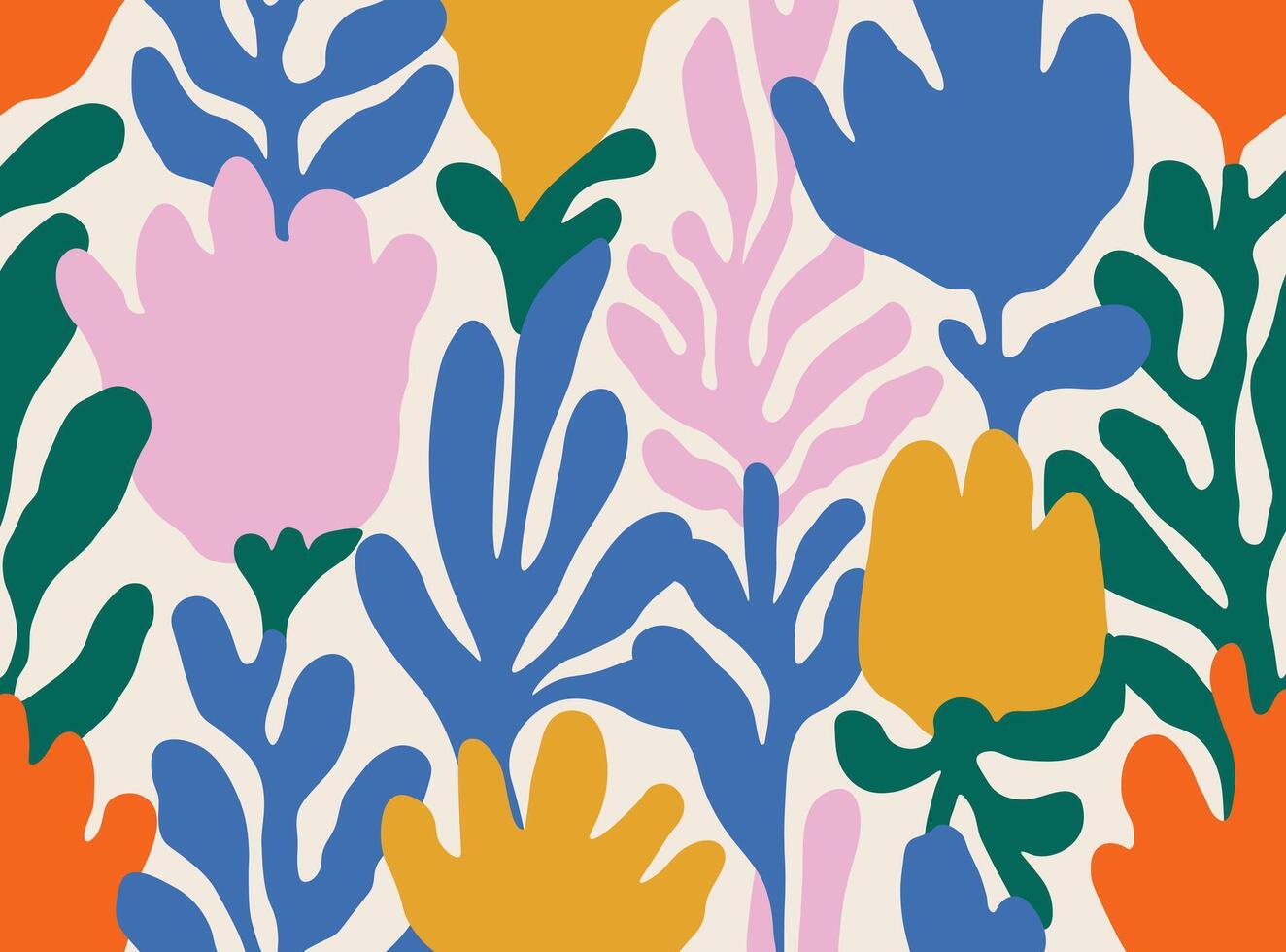 Groovy abstract floral background in matisse art style. Hand drawn flowers and plants in trendy naive hippie 60s-70s style vector