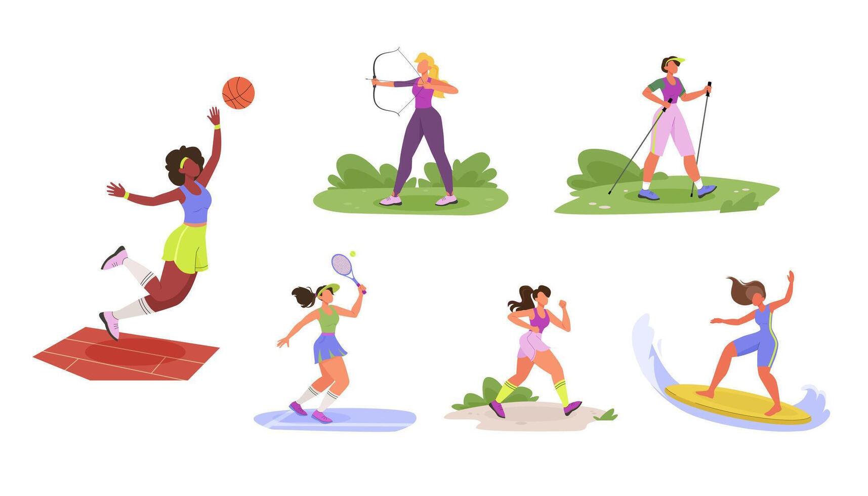 Sport Young women set performing sports activities. Active female characters jogging, nordic walking outdoors, riding surfboard, shooting bow, playing basketball and tennis. Flat illustration vector