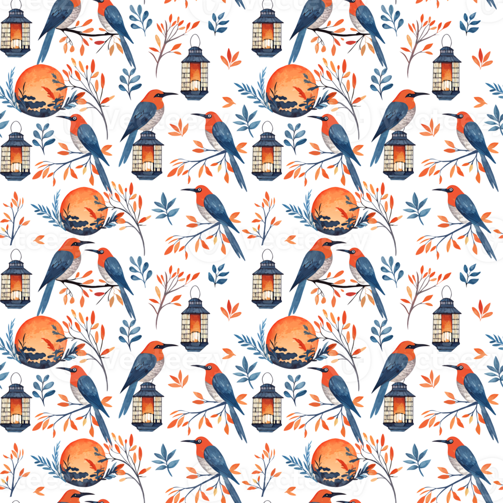 Seamless Exotic Bird Pattern with Sunset and Clouds, Elegant Bird Illustration Exotic Digital Print for Fabric. Decor and DIY Craft png