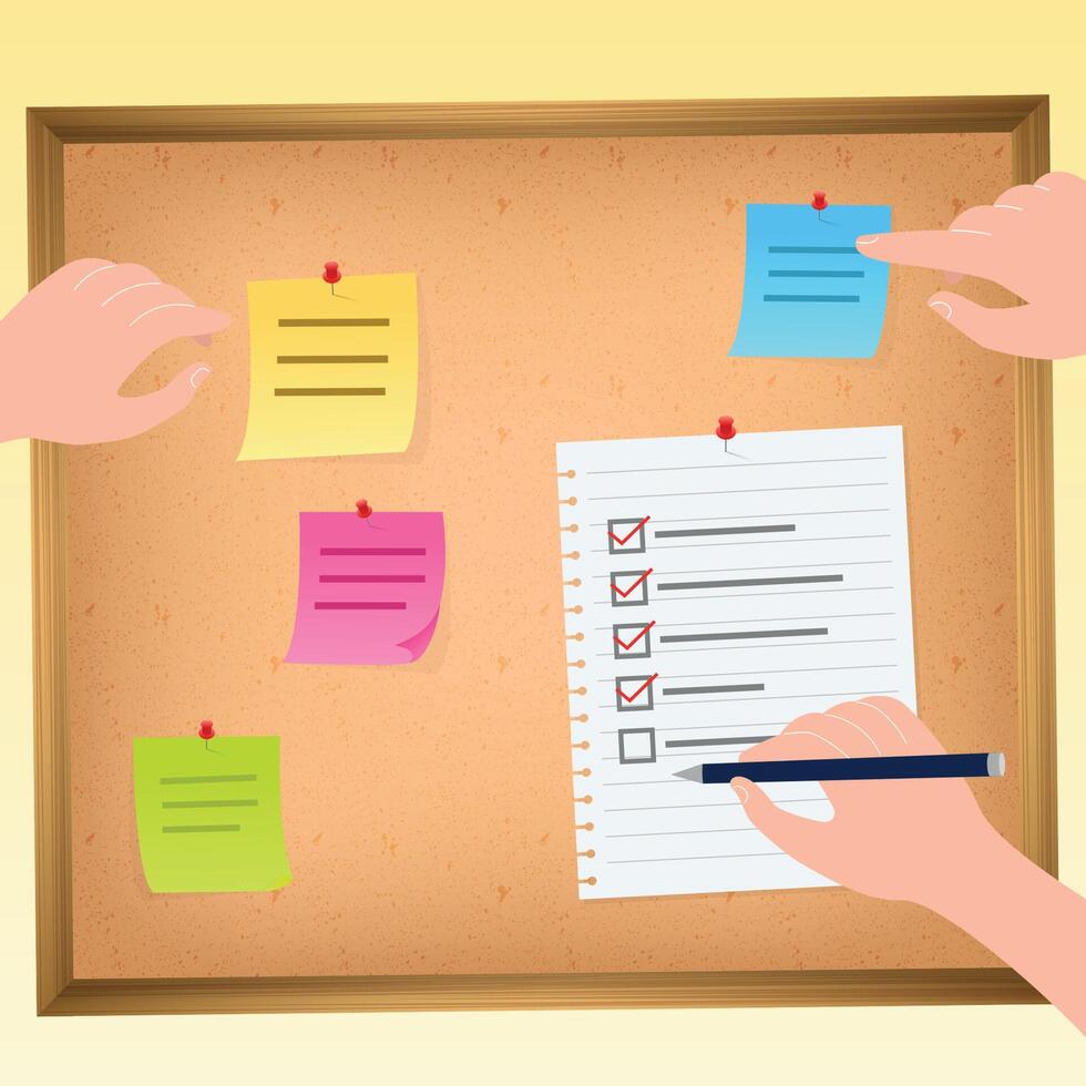 Bulletin Board wooden frame schedule Grain texture, sticky notes, paper, wall schedule wit hands vector