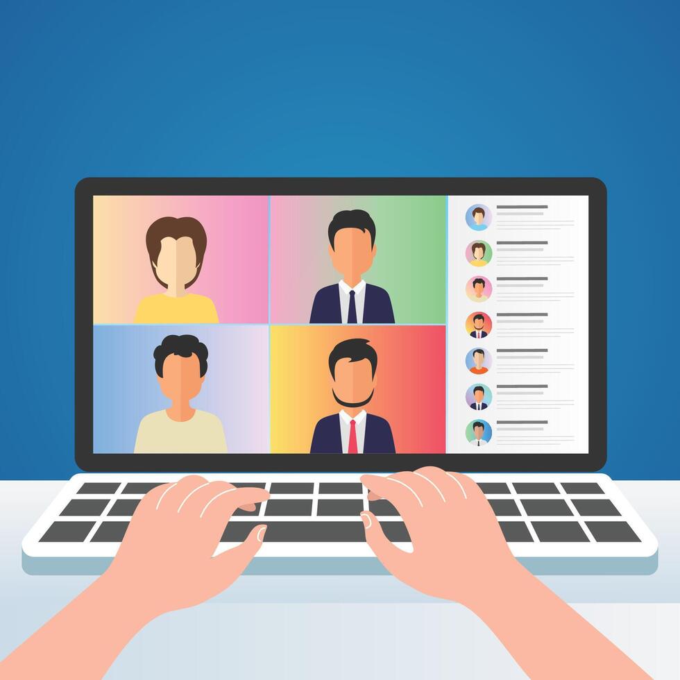 Online meeting people connecting together conference remote working on laptop, work from home vector