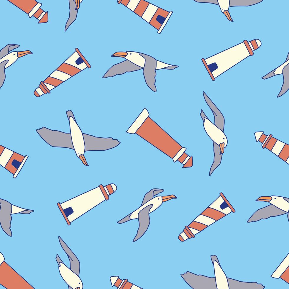 Seamless Pattern of Albatross Animal Lighthouse Background for Fashion Wrapping Print Fabric Surface vector