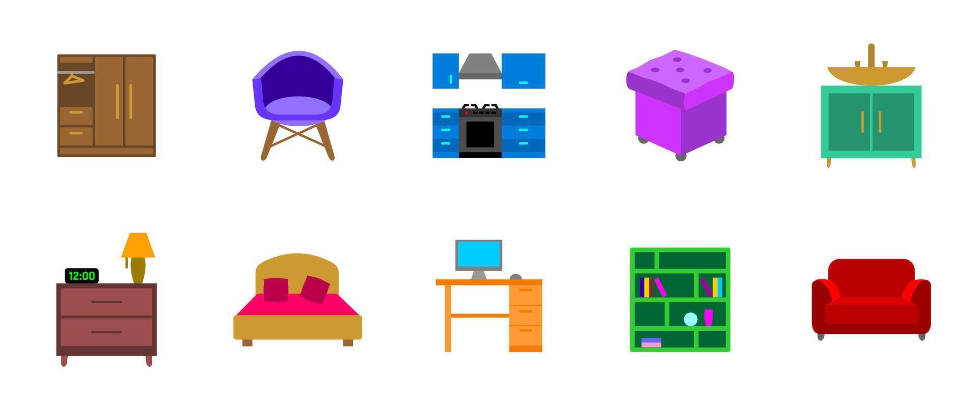 Furniture icon set. Colorful cartoon collection of modern home furnishings including chair, table, sofa, bed and lamp illustration. Interior design and decor elements colored symbols. vector