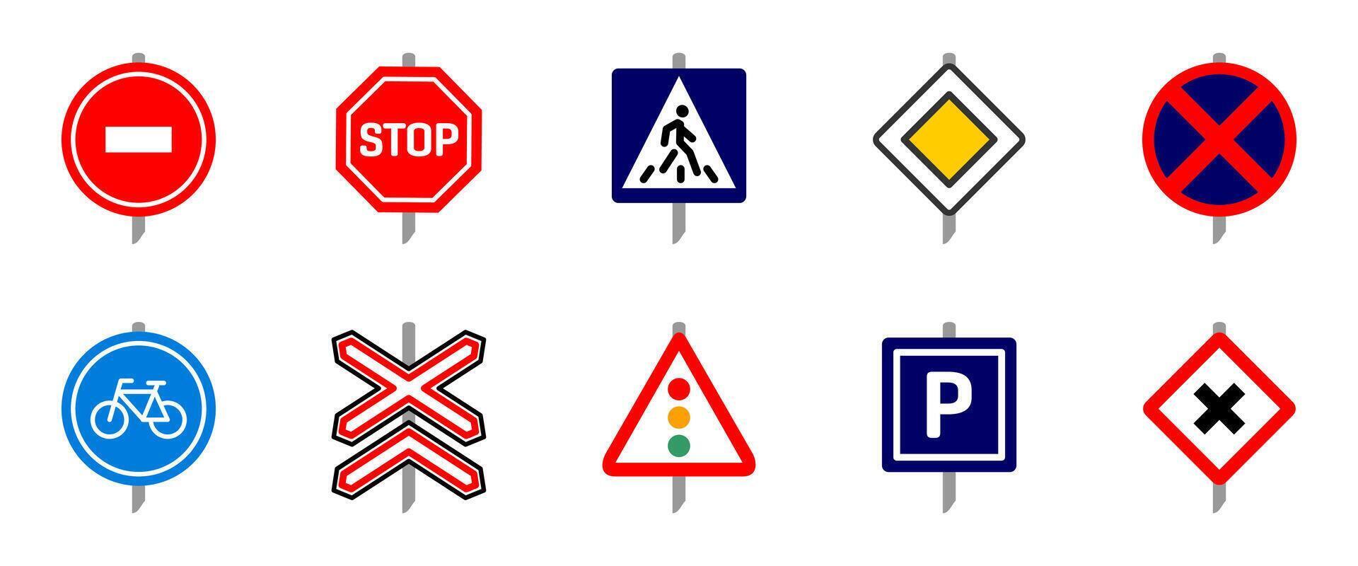Traffic signs colored icon set. Stop, speed limit, crosswalk and railway crossing post signs. Road safety and regulation illustration. Direction, caution and control sign colorful collection vector