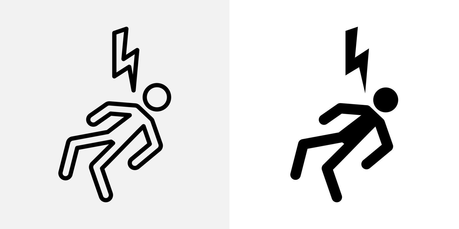 Electricity danger icon. Person being struck by lightning bolt representing electric shock hazard illustration. Warning symbol used for high voltage areas and electrical safety sign. vector