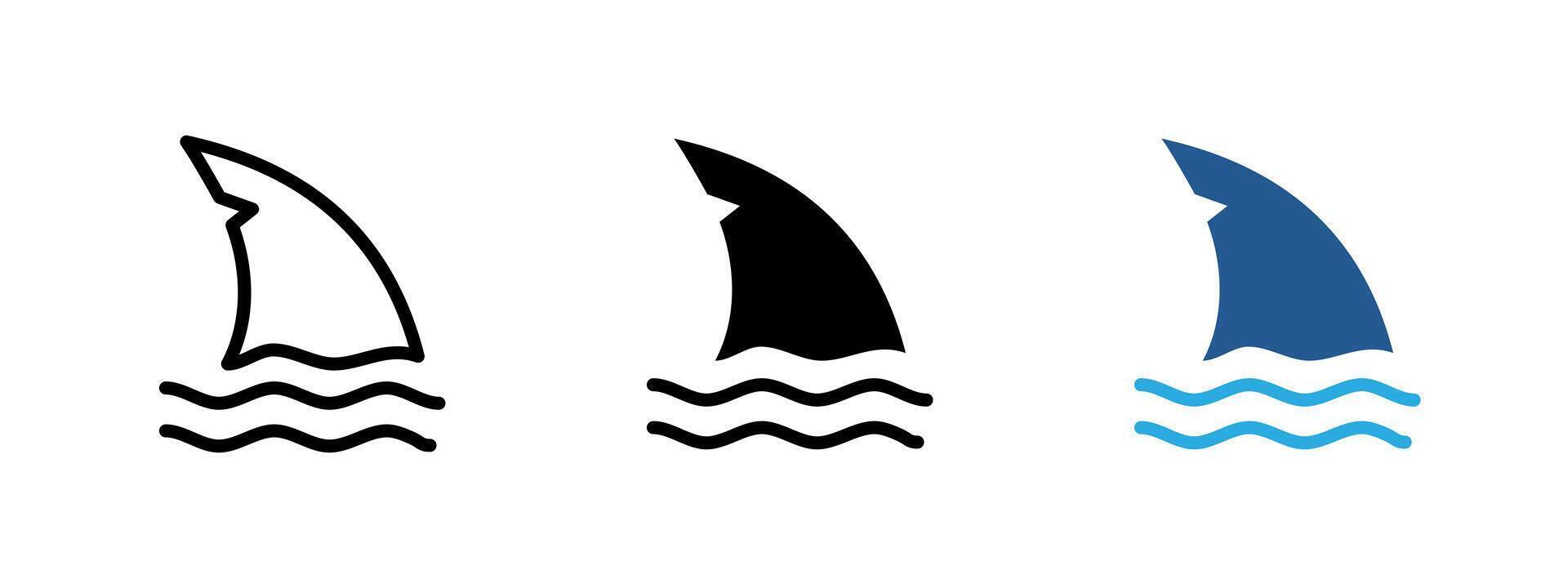 Shark icon. Curved dorsal fin rising from sea waves illustration. Marine danger symbol often used in swimming hazard signs. Warning for predator presence in ocean environments pictogram. vector
