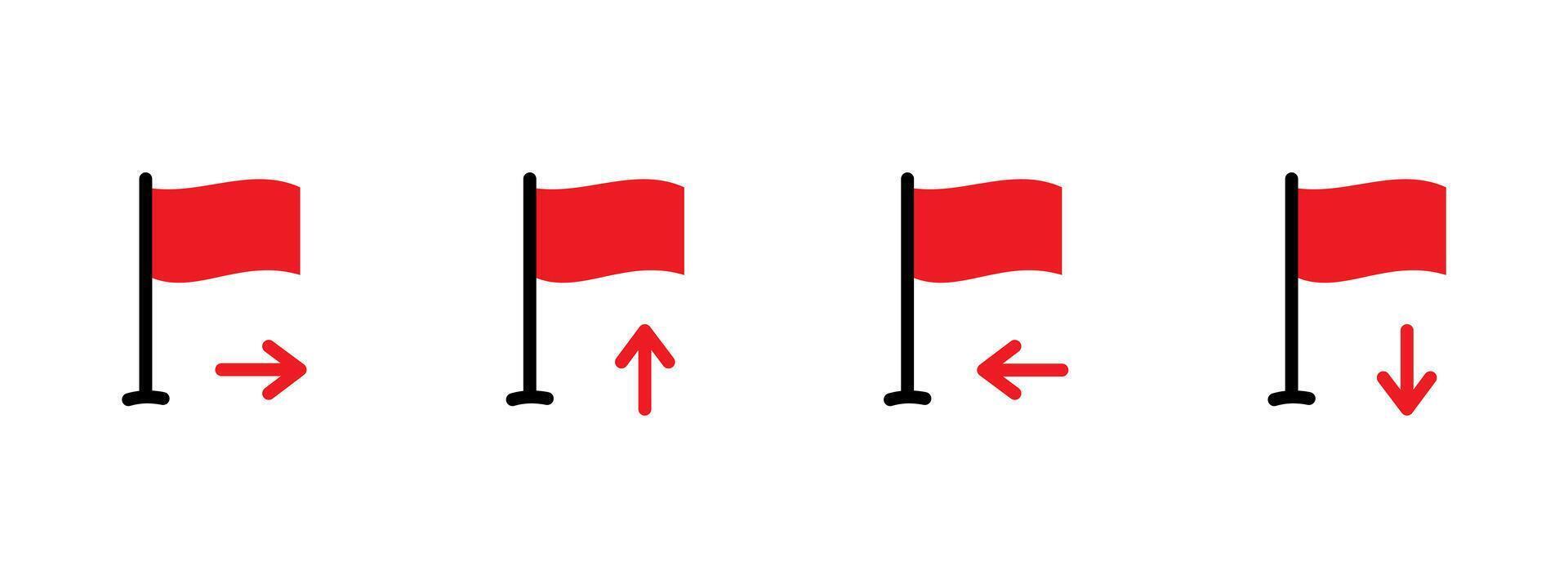 Flag arrow icon. Red flags with arrows pointing in four cardinal directions illustration. Navigation and location marking symbol. Directional guide and movement indicator sign. vector