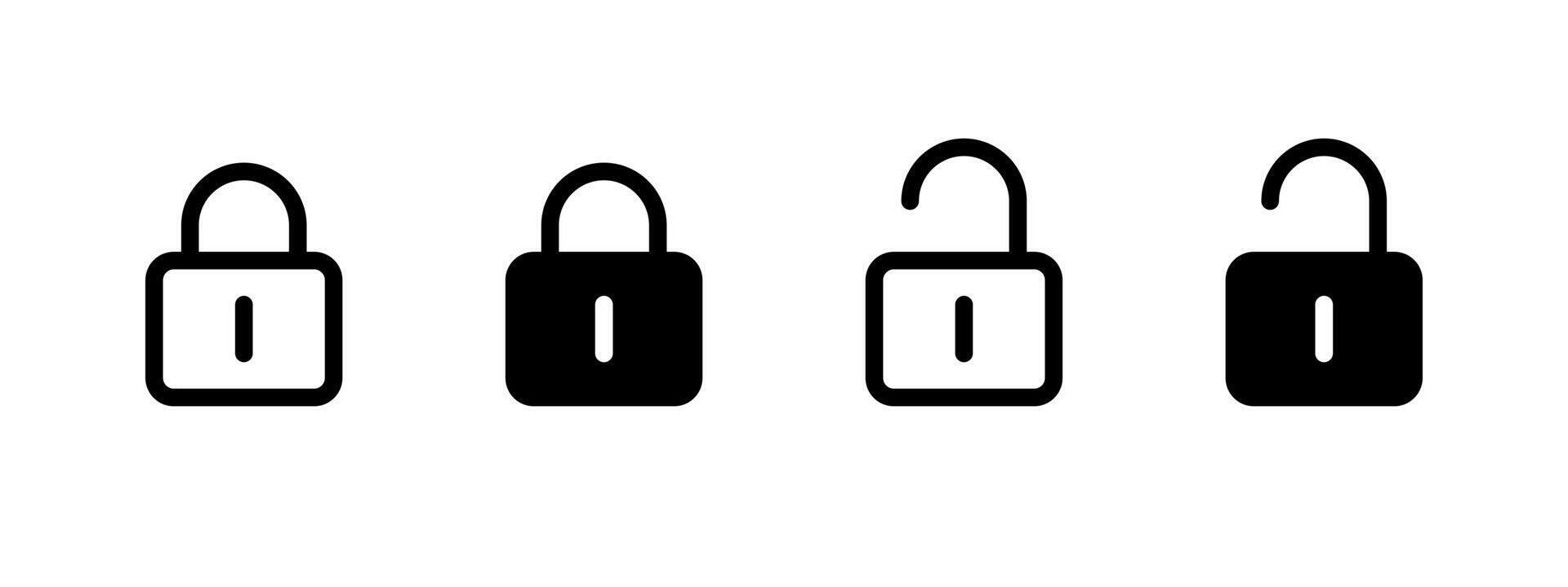 Lock icon. Closed and open padlock symbols representing secured and unsecured states illustration. Privacy and access control interface element symbol. Data security sign. Encryption pictogram. vector
