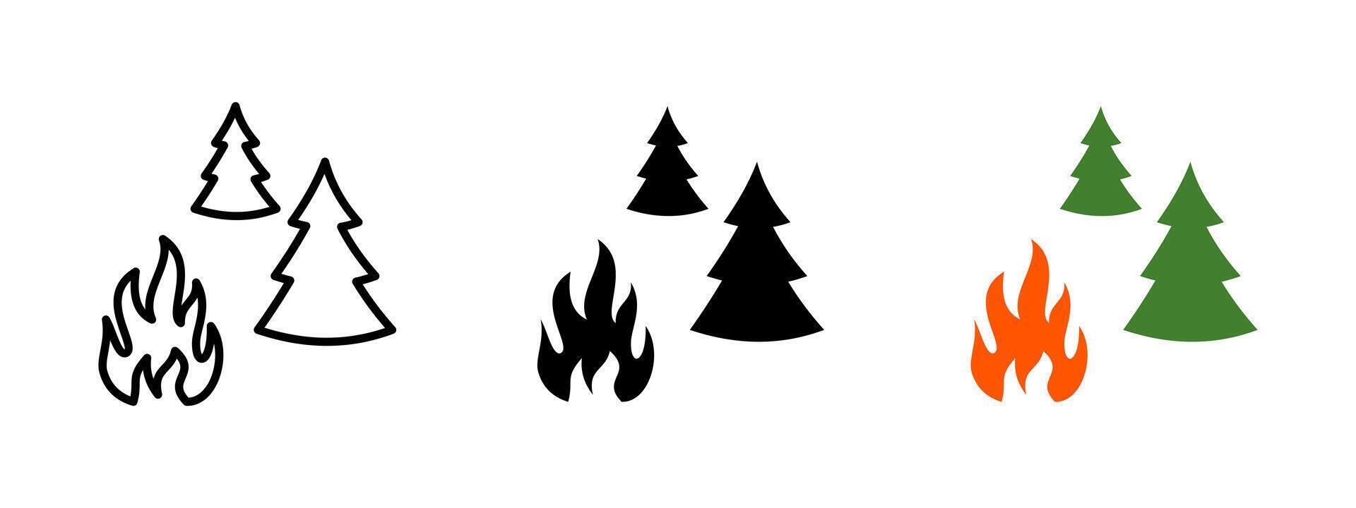 Forest fire icon. Trees burning with visible flames illustration. Natural disaster and wildfire emergency symbol. Environmental hazard and fire safety alert sign. vector
