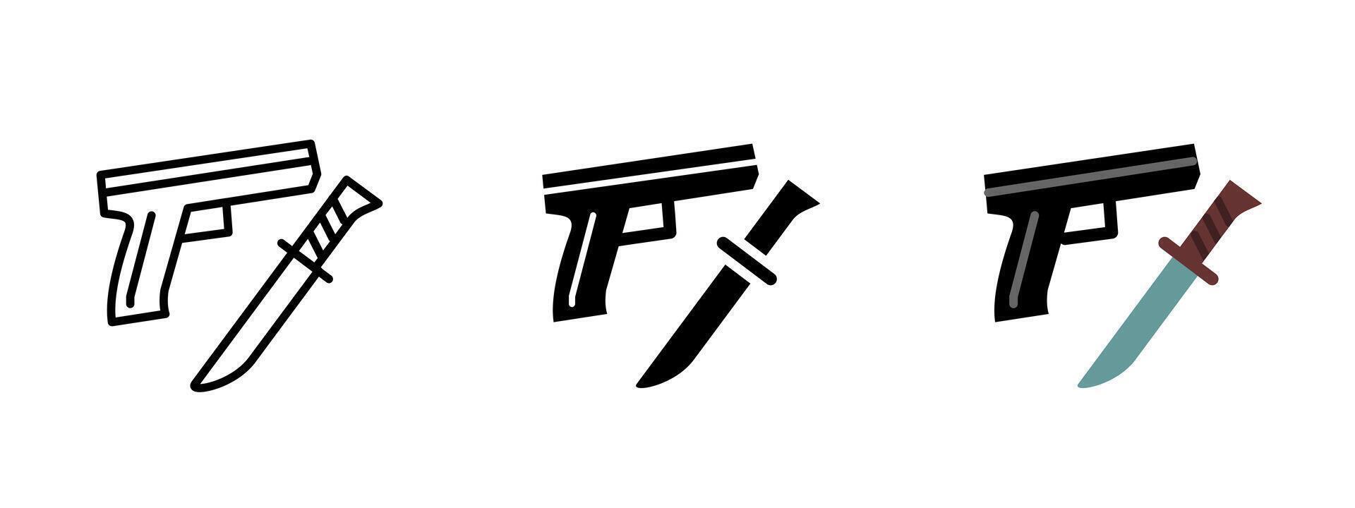 Weapon icon. Pistol and combat knife crossed together illustration. Symbol of armed force and tactical equipment. Military, security and violence related sign. Self-defense pictogram. vector