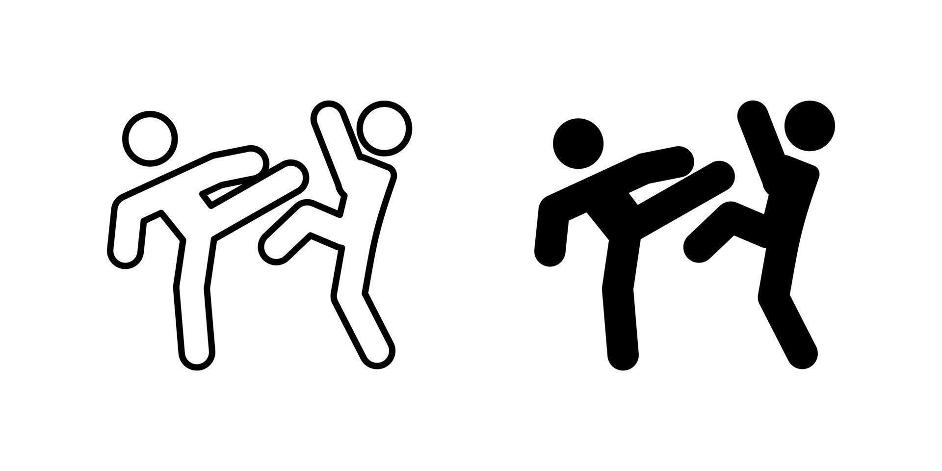 Fight icon. Two human figures engaged in kicking motion illustration. Symbol of martial arts combat or self-defense. Physical activity, sport and confrontation pictogram. vector