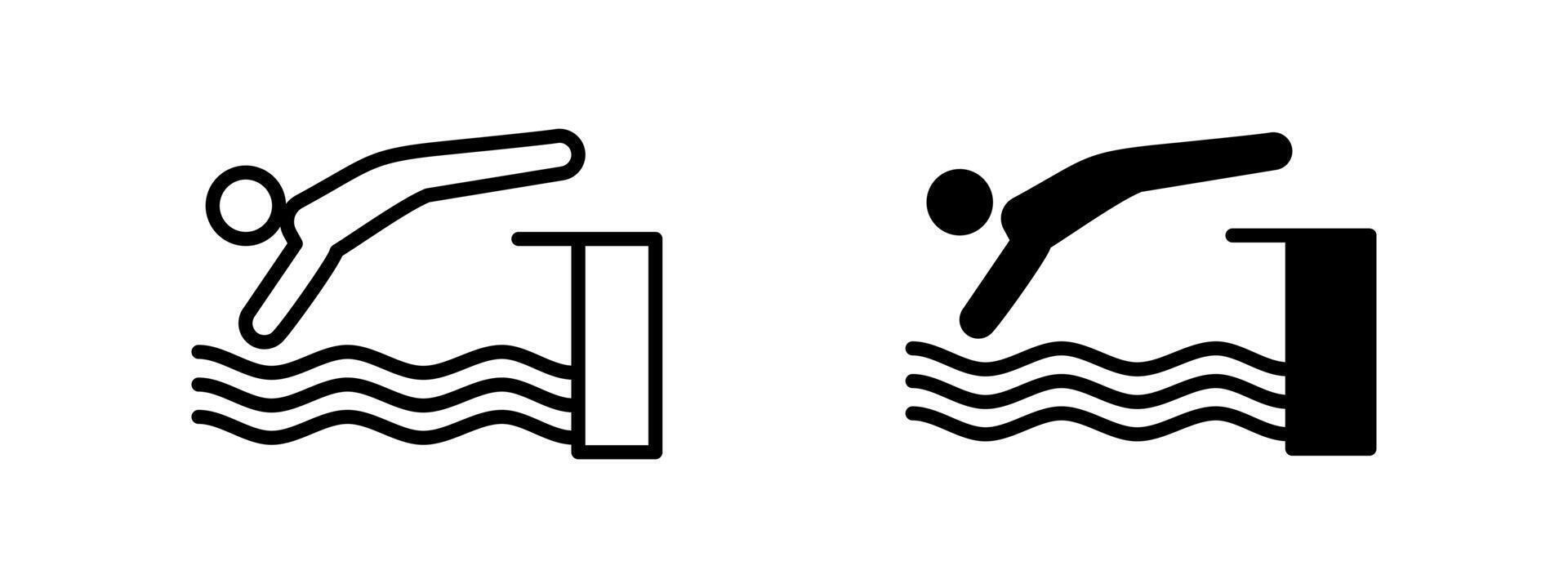 Swimming icon. Athlete diving from platform into water waves illustration. Sports training and competition activity symbol. Aquatic performance and motion representation pictogram. vector