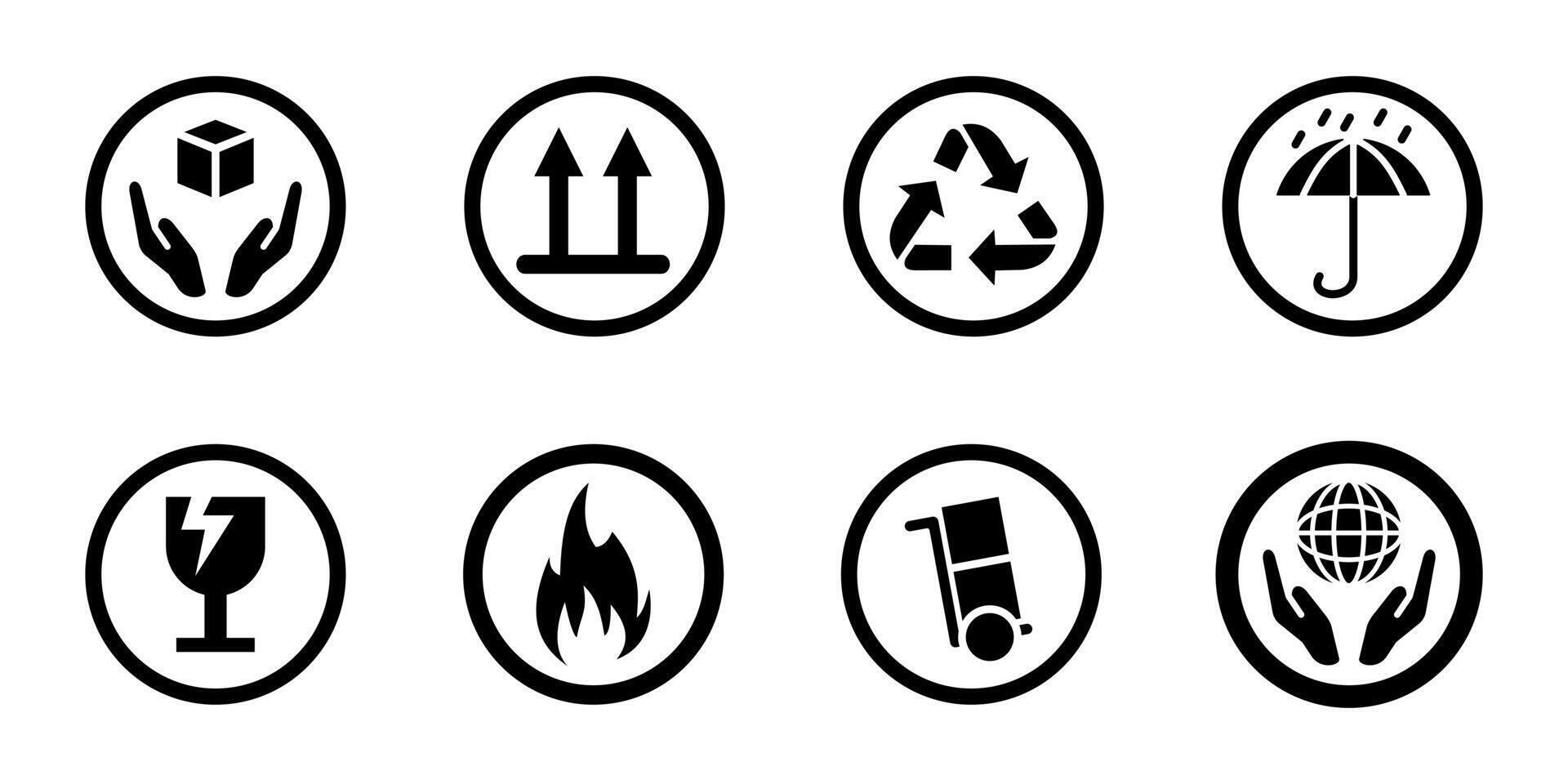 Package labels icon set. Fragile, handle with care and this side up black symbols. Shipping and delivery illustration. Logistics and storage concept sign. Parcel handling glyph pictogram. vector