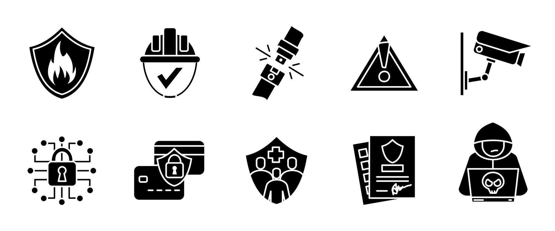 Security and protection icon set. Shield, surveillance camera, hacker and data lock illustration. Privacy safety concept. Encryption and firewall glyph sign. Information guard black pictogram. vector
