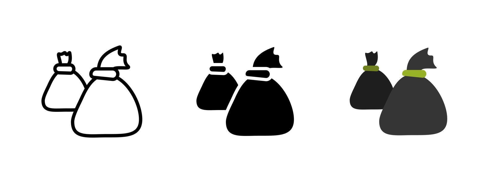 Garbage icon. Black trash bags tied with string illustration. Waste collection or rubbish disposal symbol. Used for sanitation, recycling and cleanup context pictogram. vector