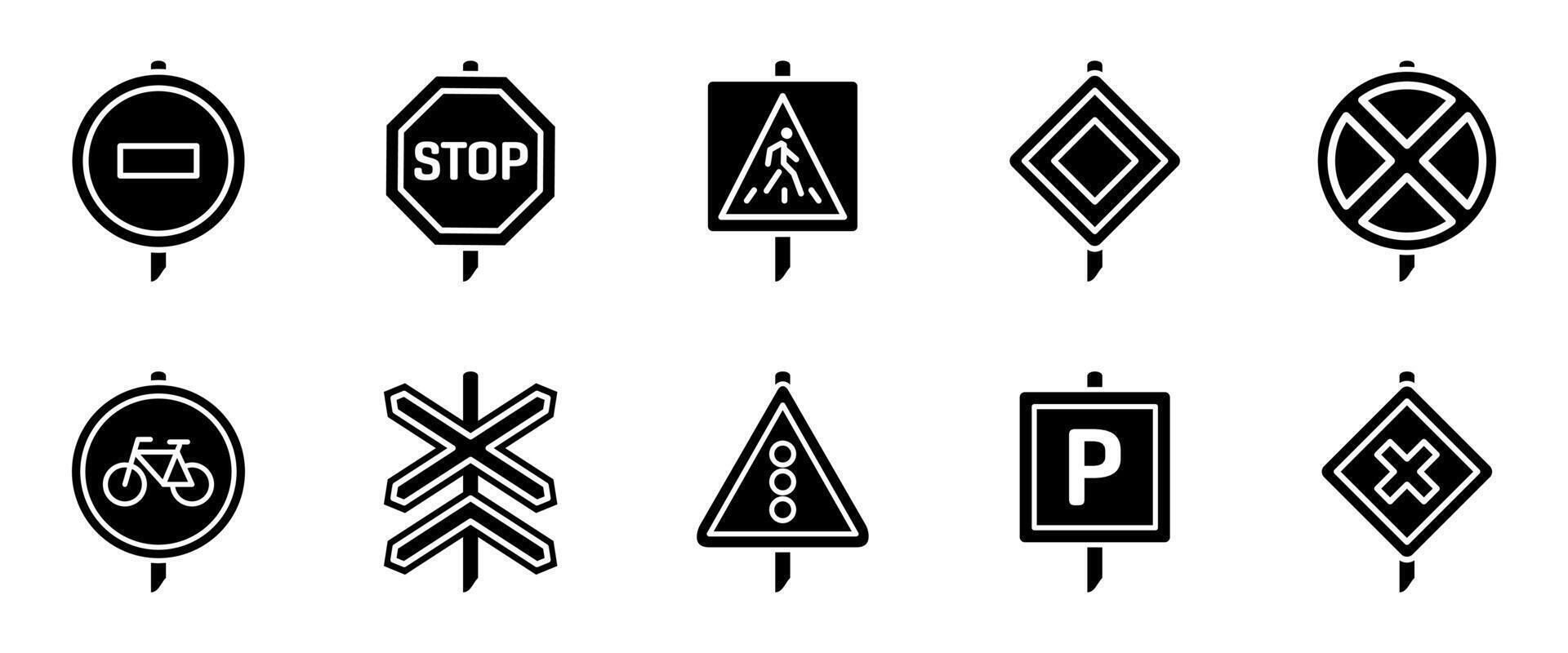 Traffic signs black icon set. Stop, speed limit, crosswalk and railway crossing post signs. Road safety and regulation illustration. Direction, caution and control sign silhouette collection vector