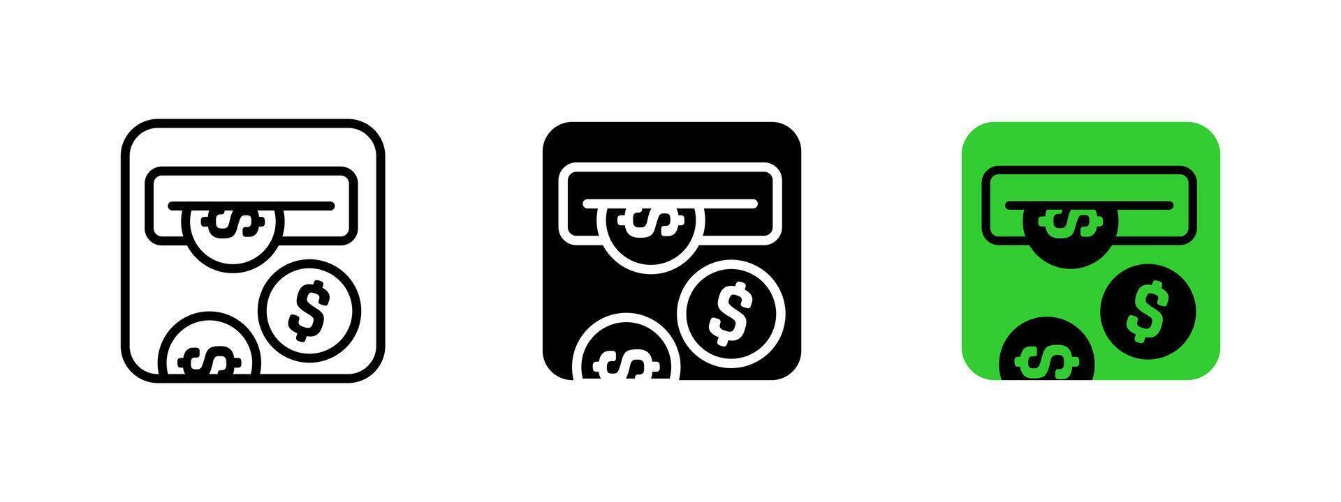 Coin deposit icon. Coins being inserted into ATM slot representing cash deposit illustration. Financial transaction and banking service symbol. Secure payment operation sign. vector