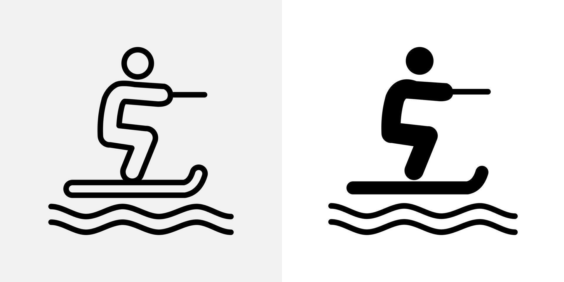 Waterski icon. Person gliding on water surface with rope illustration. Aquatic sport showing balance and speed symbol. Summer activity and recreational outdoor fun pictogram. vector